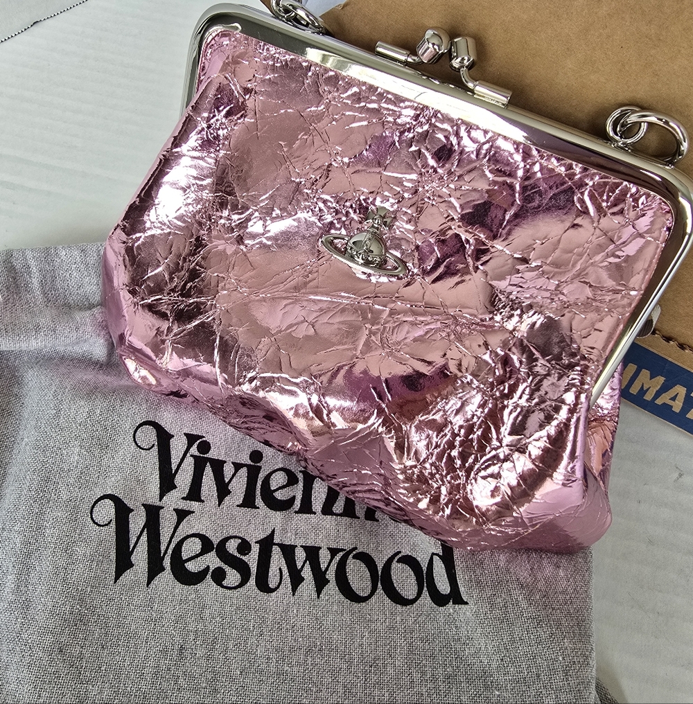 Vivienne Westwood Light Pink Metallic Crinkle Calf Skin Granny  Purse Kisslock